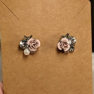Lauren Conrad pink rose earrings with diamond rhinestone and pearl